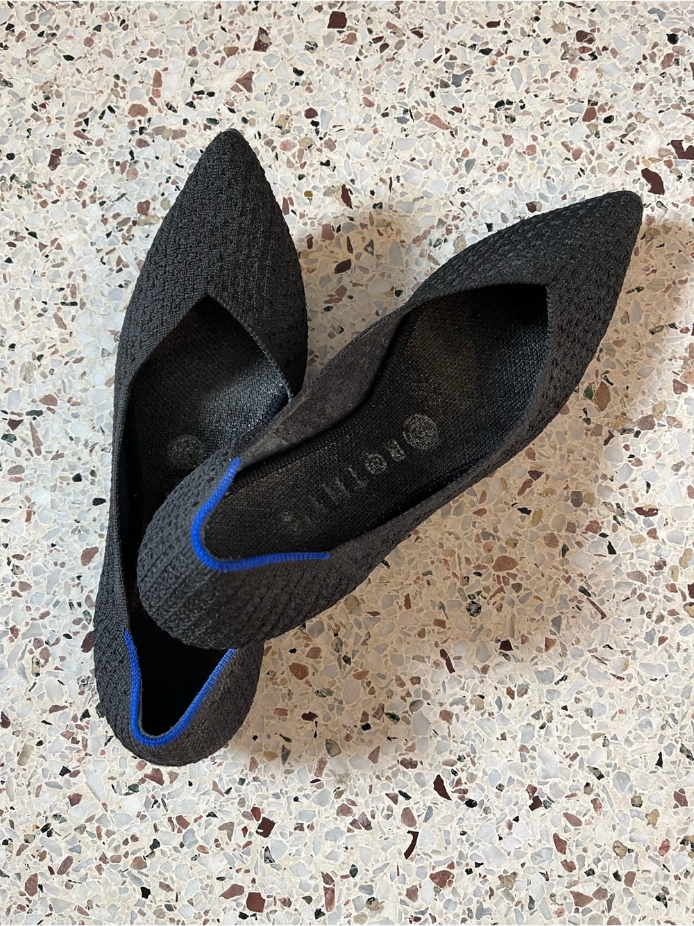 Rothy's Black Pointed Knit Flats with Blue Accent